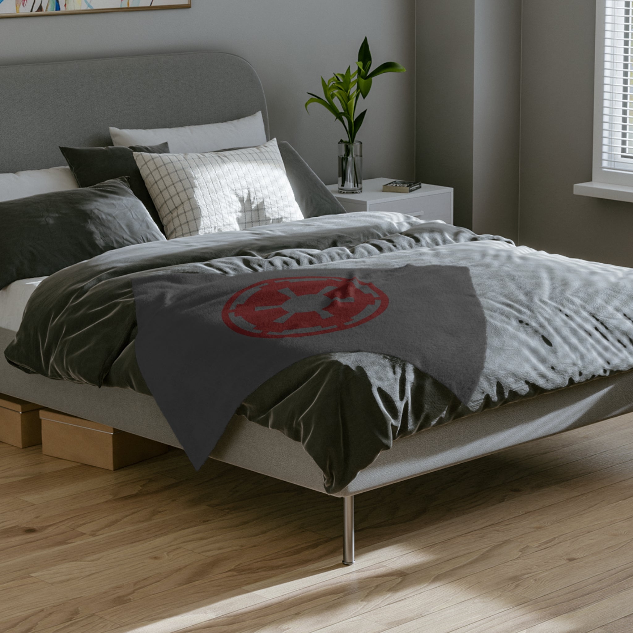Galactic Empire Symbol Velveteen Microfiber Blanket — Soft Gray & Red Star Wars-Inspired Throw