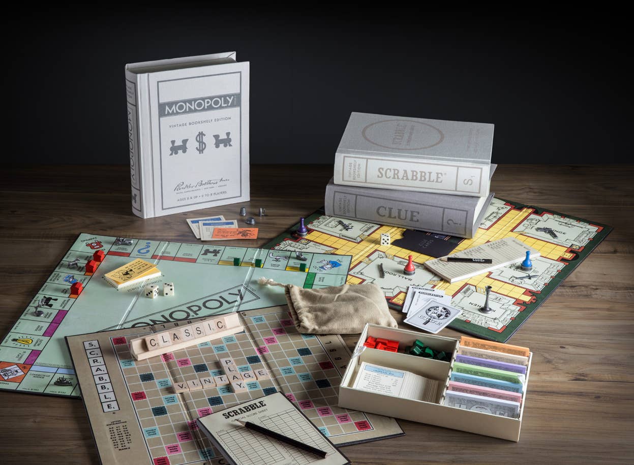 Scrabble, Monopoly, Clue Vintage Bookshelf Assortment